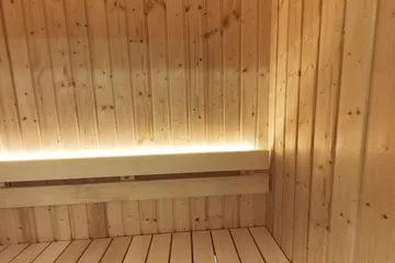 SaunaLife X2, from the lower bench: From the lower bench, looking up at the upper tier and the backrest light.