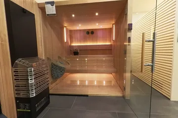 Sauna showroom 360° photo, open sauna display